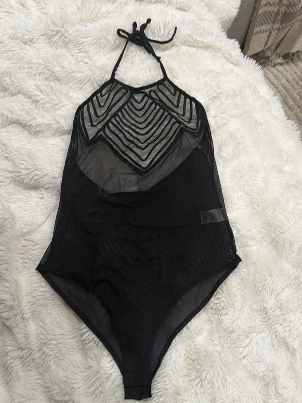 New Sheer Black Halter Bodysuit with Geometric Mesh Detail